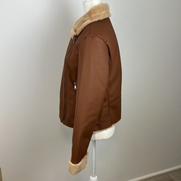 a.n.a. Brown Imitation Leather Coat with Faux Fur Size Large NWT - Picture 7 of 14